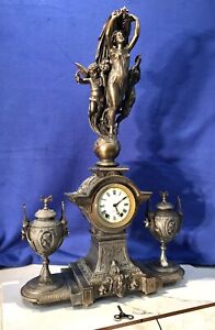 RARE ANTIQUE USA SETH THOMAS SONS &CO  STRIKE ANGELS FIGURAL METAL BRONZE CLOCK