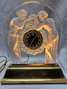 René Lalique Art Deco Deux Figurines Clock Lighted with Gilt Metal Base