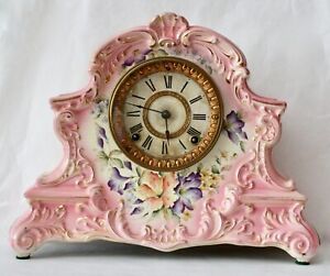 Antique ANSONIA MANTLE CLOCK Pale Pink Floral PECONIC Porcelain Case. 1882 Works