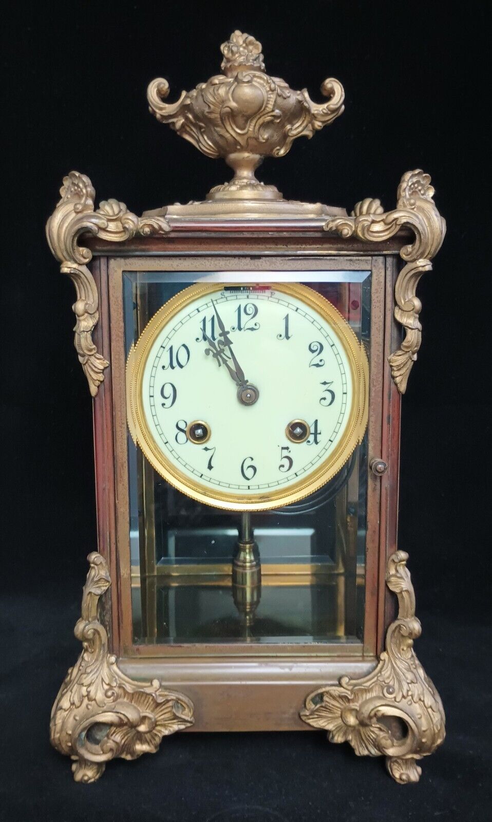 Antique 1905 Ansonia 8 Day Mantle Clock Brass & Glass Runs and Rings Beautifully