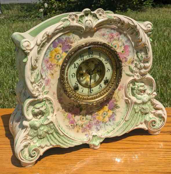 Ansonia - Royal Bonn "La Corsica" Porcelain Mantel Clock Circa 1901 Rare ANTIQUE