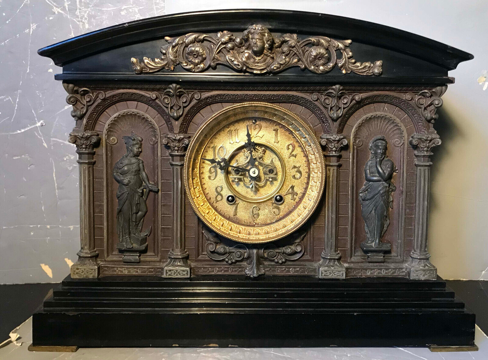 Antique 1892 Ansonia Georgia Figural Maiden T&S Iron Enamel Mantle Clock Works