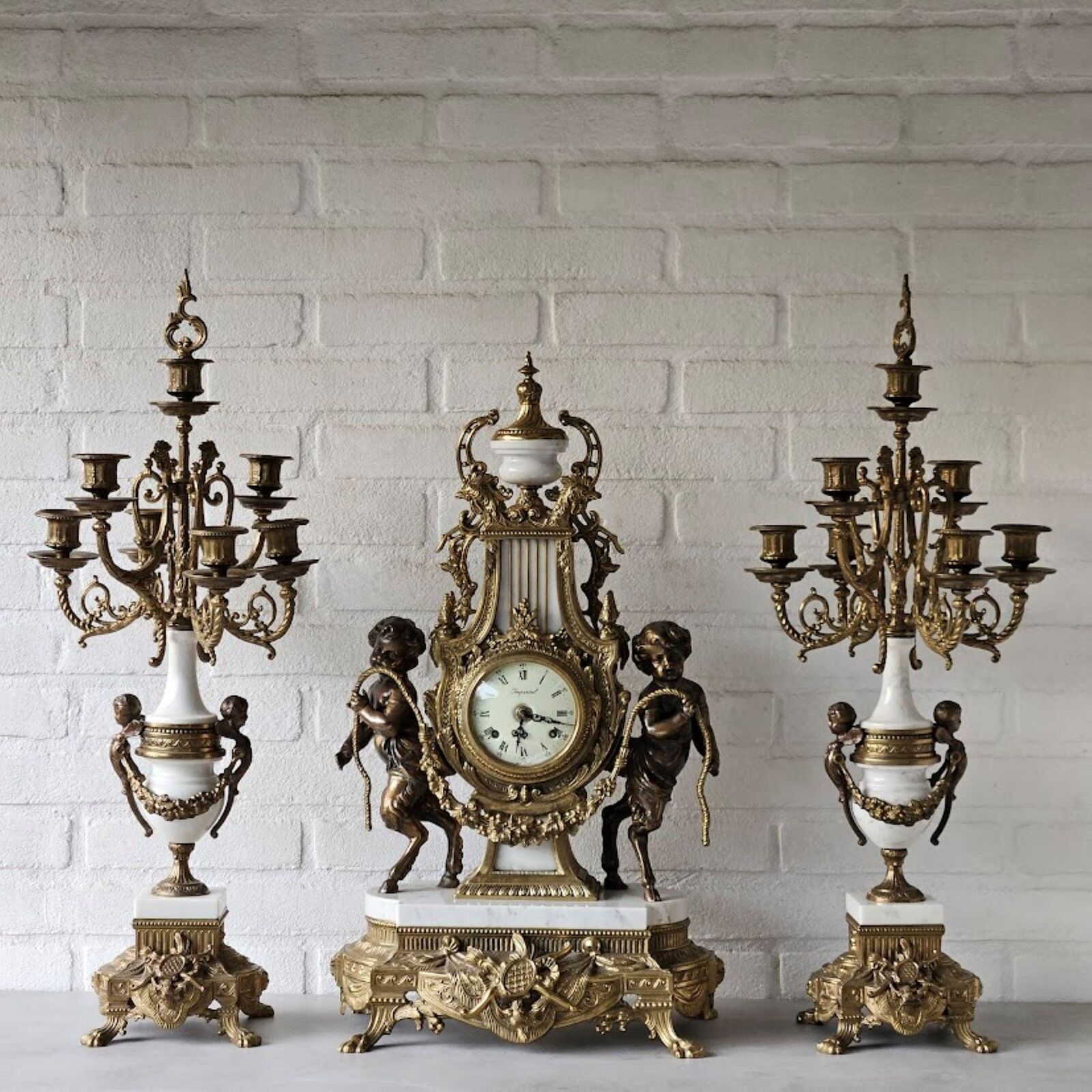 Mantle clock and pair candelabra set white marble, bronze, French Empire style