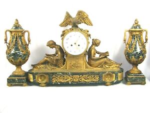 Tiffany & Co. Louis XVI Style Gilt-Bronze & Green Marble Clock French Garniture