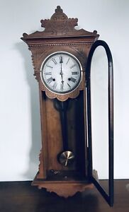 E.N. Welch Vintage/ Antique Walnut Eight Day Wall Clock WITH KEY