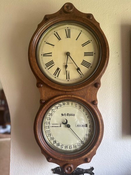 Antique Seth Thomas "Office No. 7" Double Dial Calendar Wall Clock 8-Day