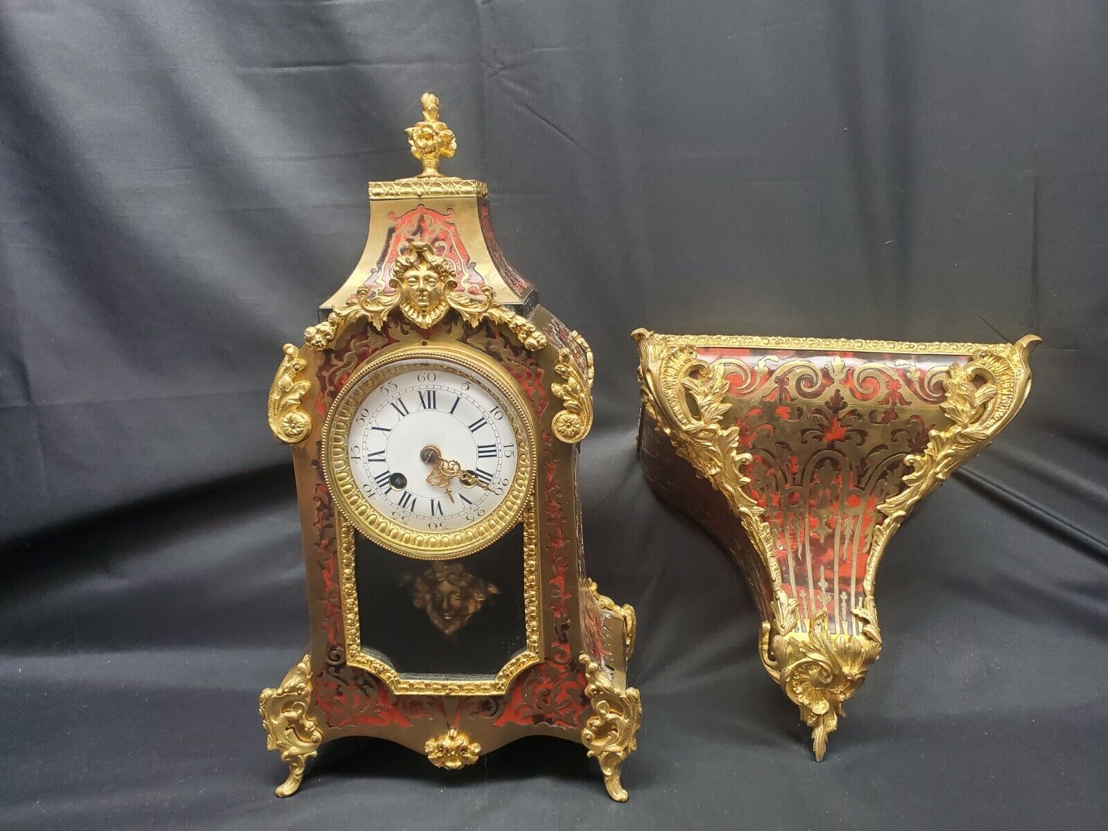 Vintage French Brass Inlay Boulle Hanging Bracket Shelf Mantel Wall Clock
