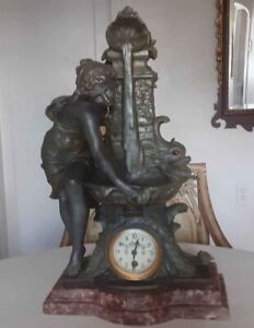 RARE Antique Hippolyte Francois Moreau French Mantel Clock~ Maiden at Fountain