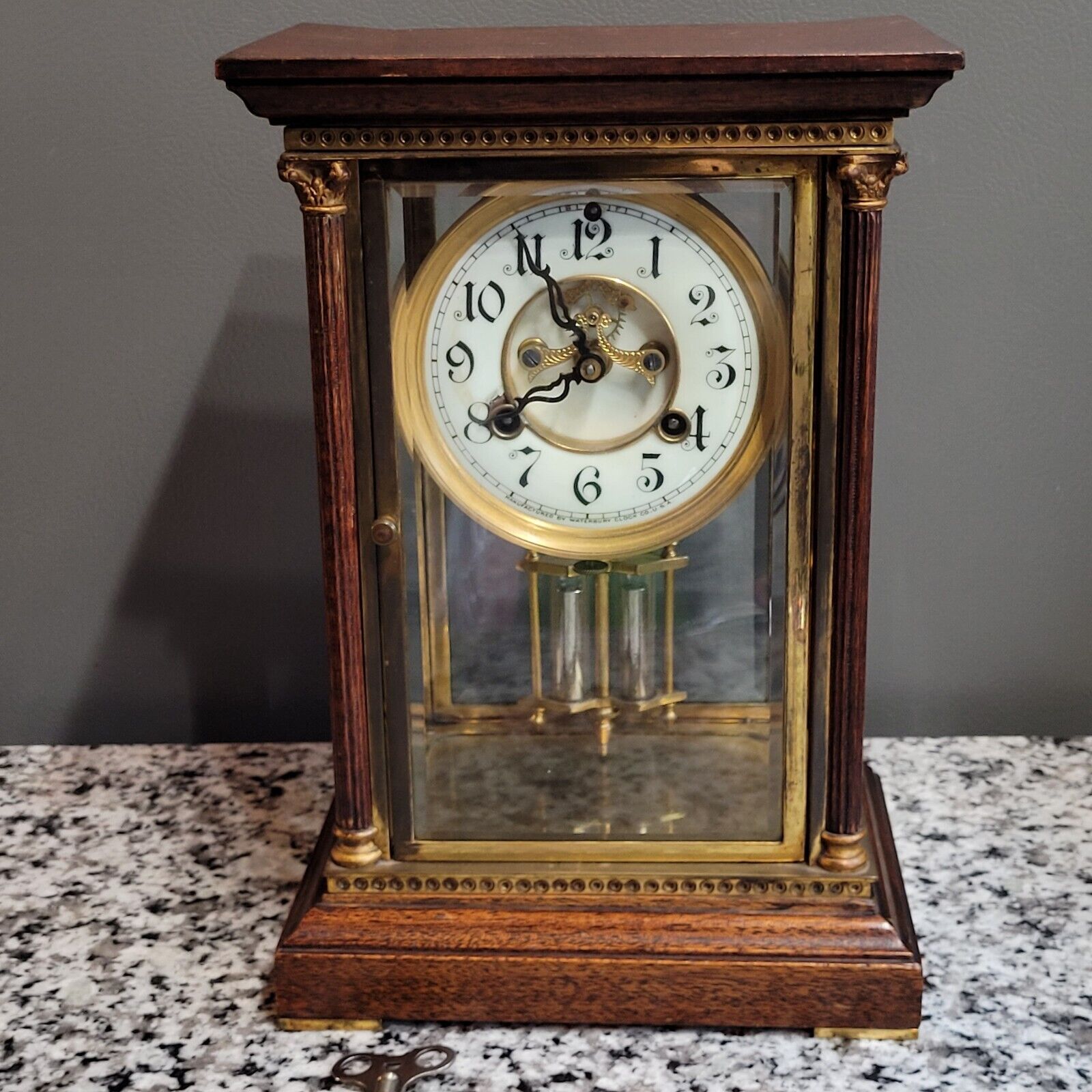 Antique 10 3/4" Waterbury Open Escapement Mantle Clock Porcelain Dial