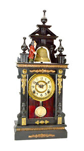 Antique Animated Monk Striking Bell 3 Finial Brass Decorated 8 Day Mantle Clock