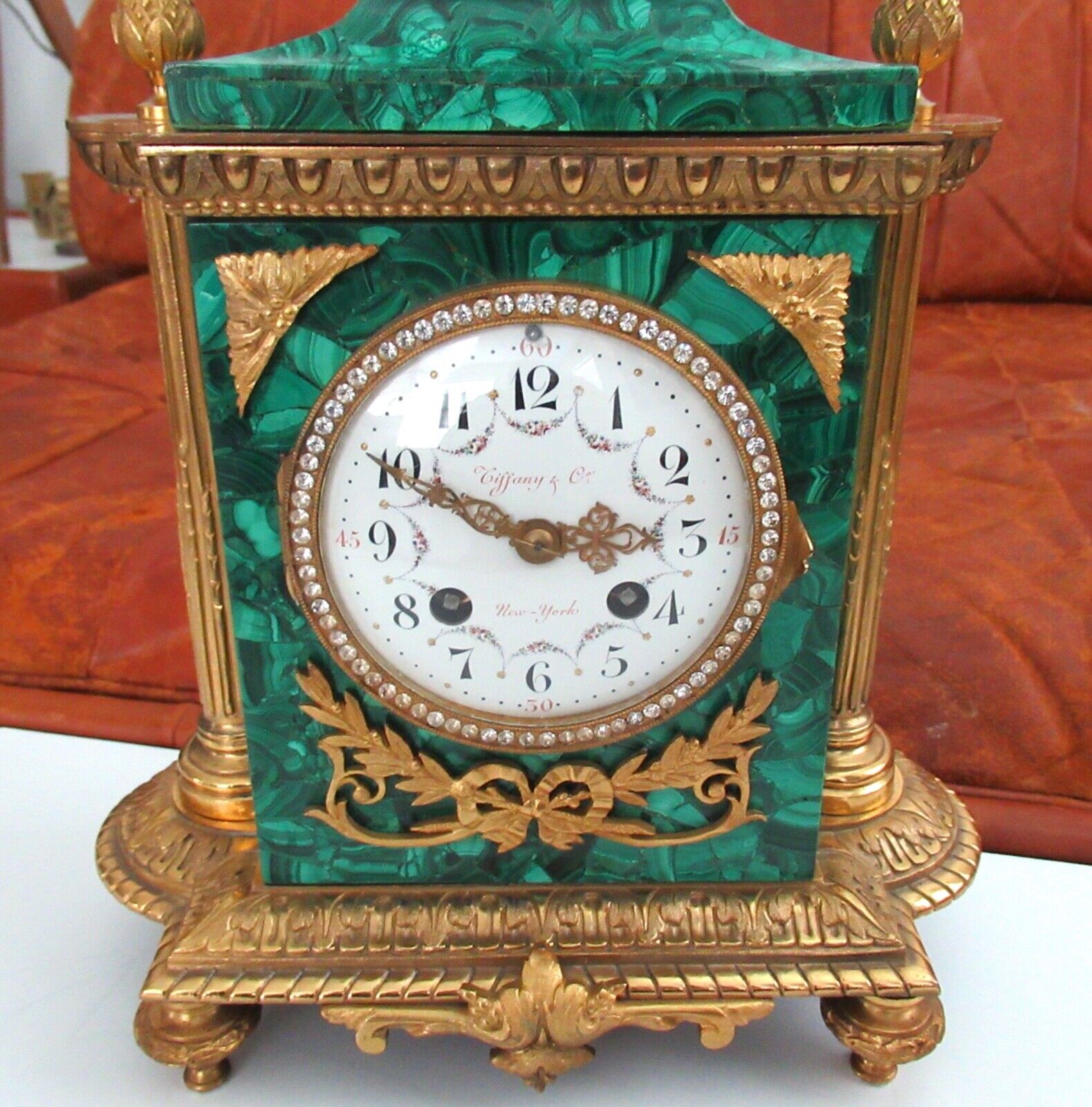 Antique Tiffany & Co New York Gilded Brass Malachite Mantle Clock Japy Freres