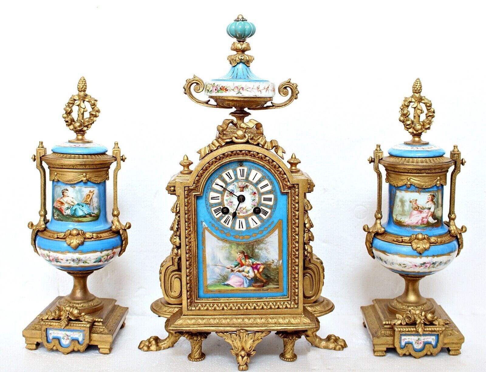 French ormolu and porcelain mantel clock and garniture set