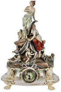 ANTIQUE RUDOLSTADT VOLKSTEDT PORCELAIN FIGURAL MANTEL GROUP WITH LENZKIRCH CLOCK