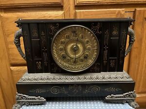 Antique Ansonia 1882 Iron Mantle Clock Black Dragon Heads RARE Chimes 7x17x11