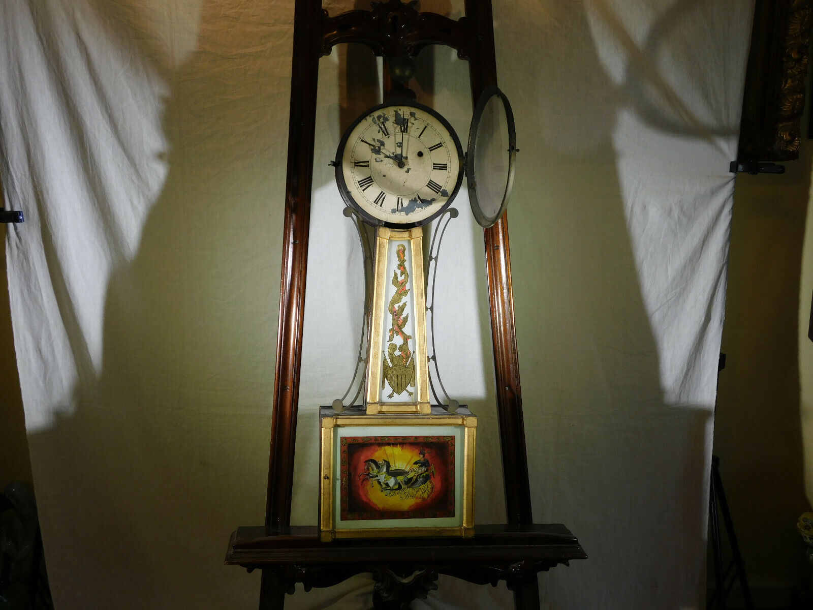 Antique c1822-1828 Mahogany&Pine Cased Reverse Painted Banjo Clock w/Brass Arms