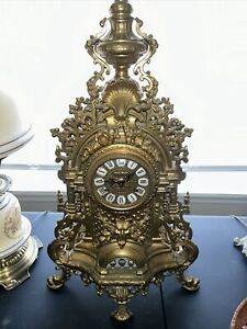 Vintage Italian Imperial FHS Brass Clock &French Baroque Table Top Brass Easels