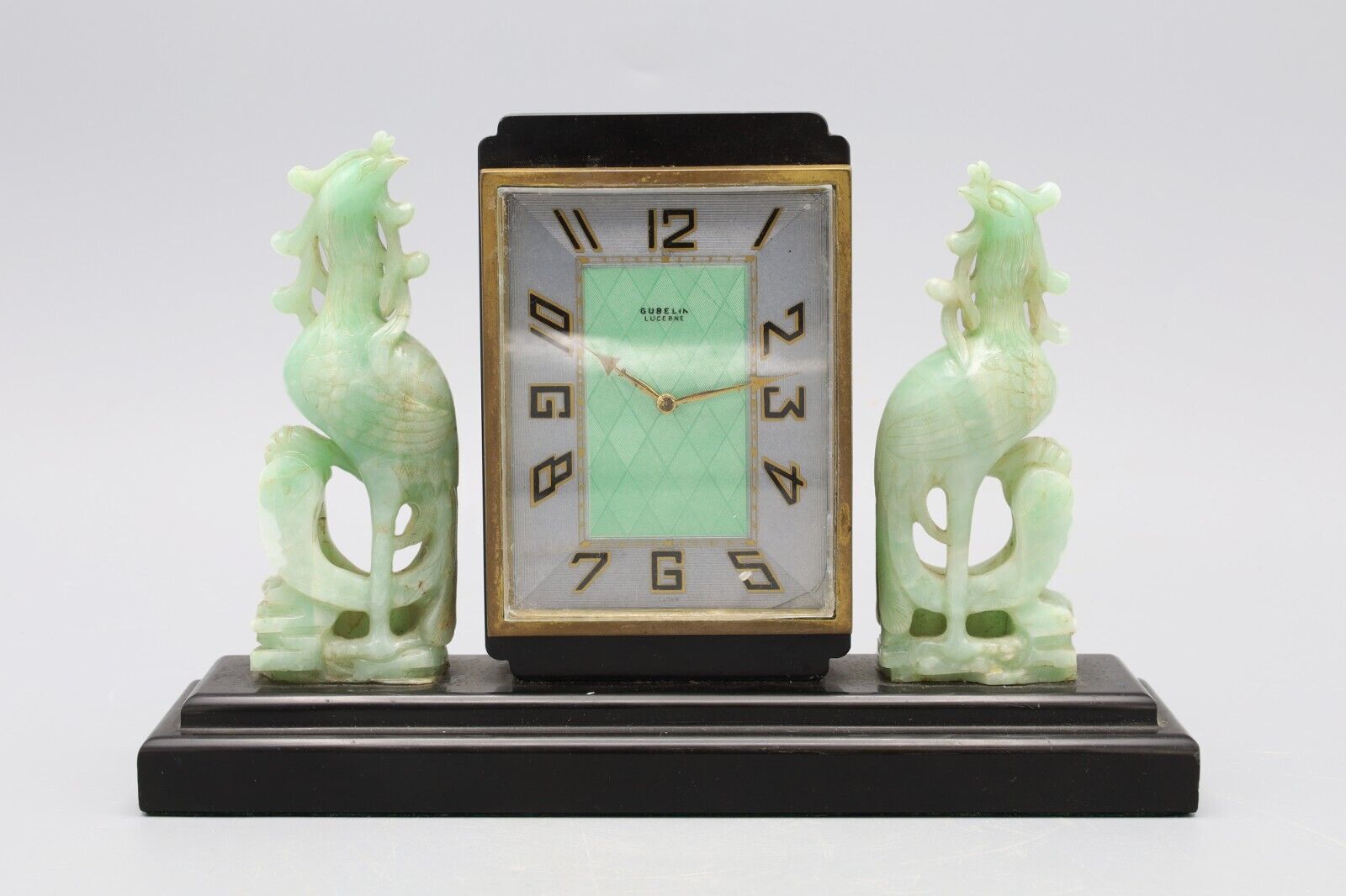 Art Deco 1930s E Gubelin Lucerne Desk Clock With Jadeite Chinese Phoenix Birds