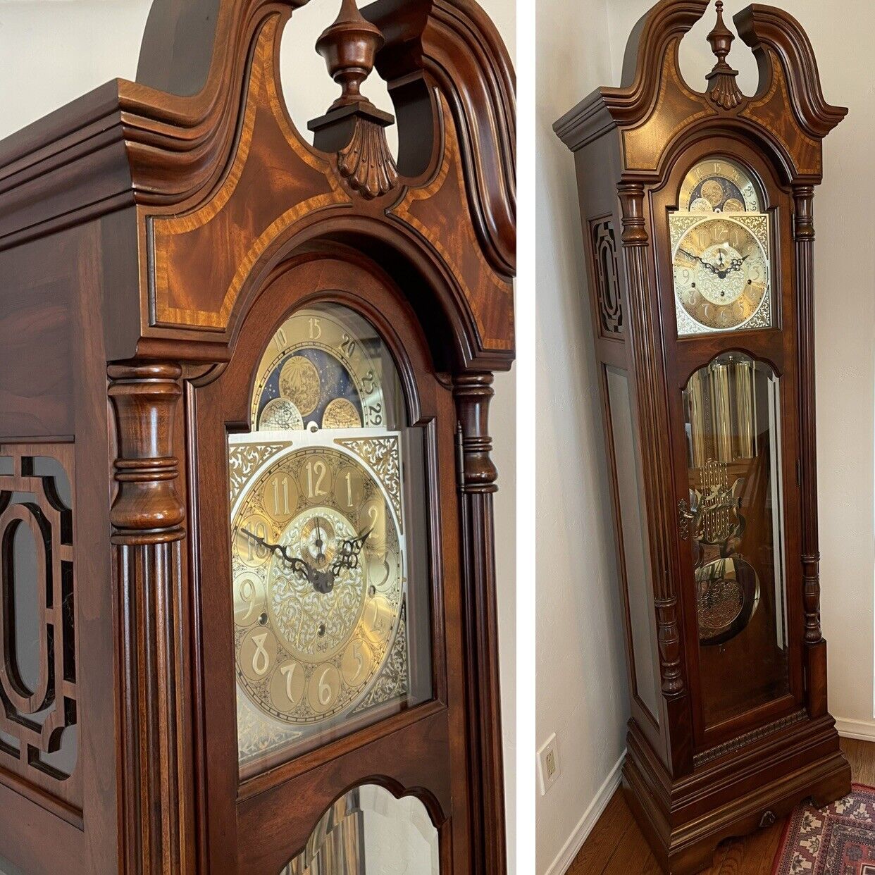 Sligh Vintage Grandfather Clock Model # 0824 Antique Cherry Brass Gold Charms