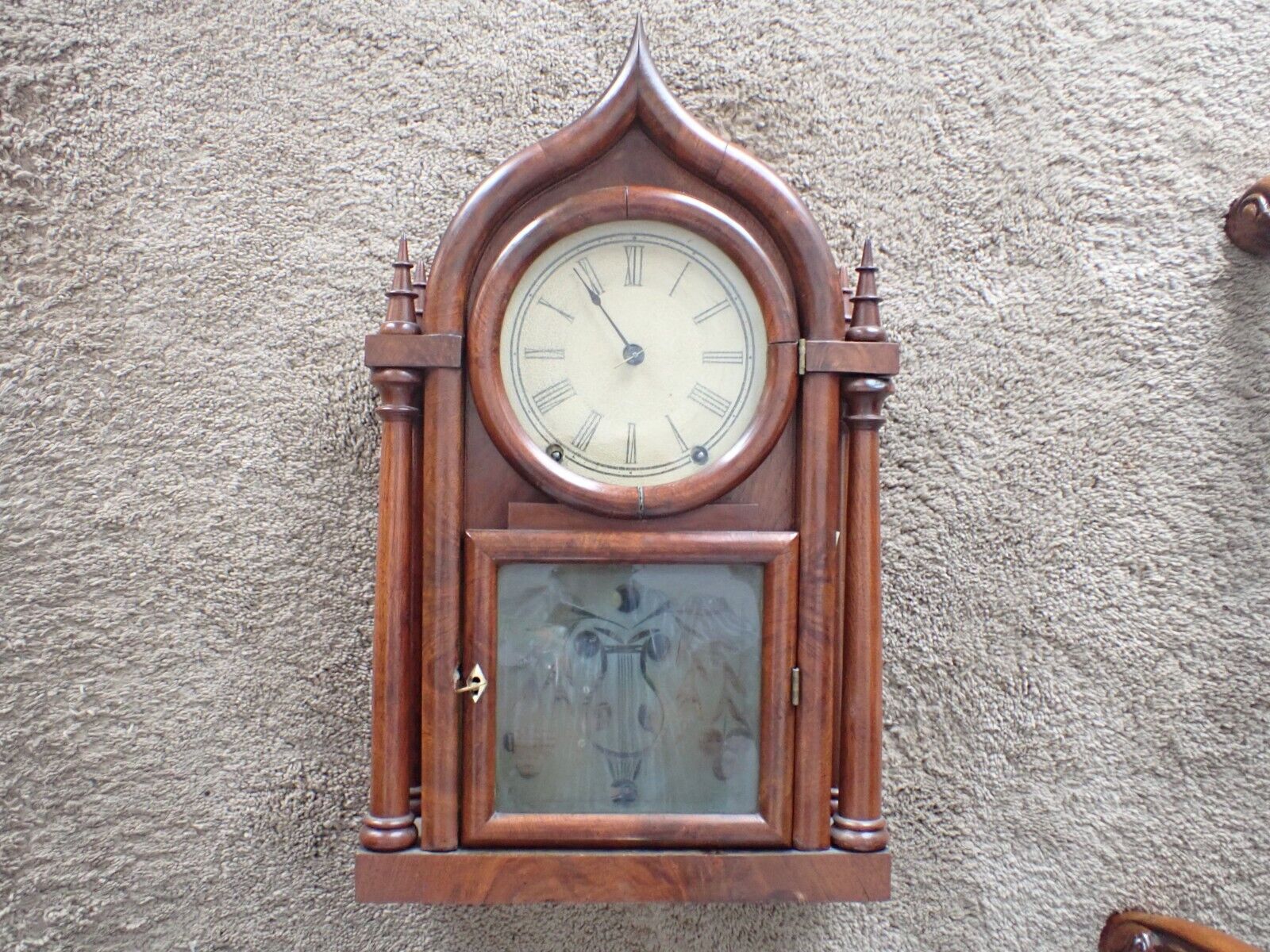 BREWSTER INGRAHAM ONION TOP OGEE ROUND GOTHIC DOUBLE STEEPLE CLOCK BRASS SPRINGS