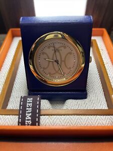 Vintage HERMES Paris Swiss Made Travel Miniature Alarm Desk Clock, Blue And Gold