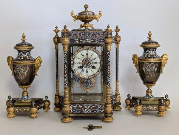 Antique French Japy Freres Cloissone 3 Piece Clock Set, 15?H, PA6609RTI
