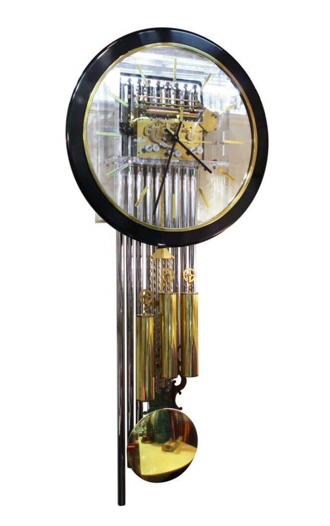 RARE BLACK BRASS LUCITE MCM HOWARD MILLER FOCAL POINT WALL CLOCK 622-779 CHIME