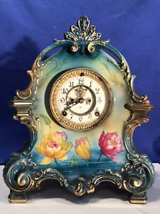 1882 ANTIQUE ANSONIA KEY WOUND,PORCELAIN CLOCK ,WITH 1755 BONN GERMANY CASE