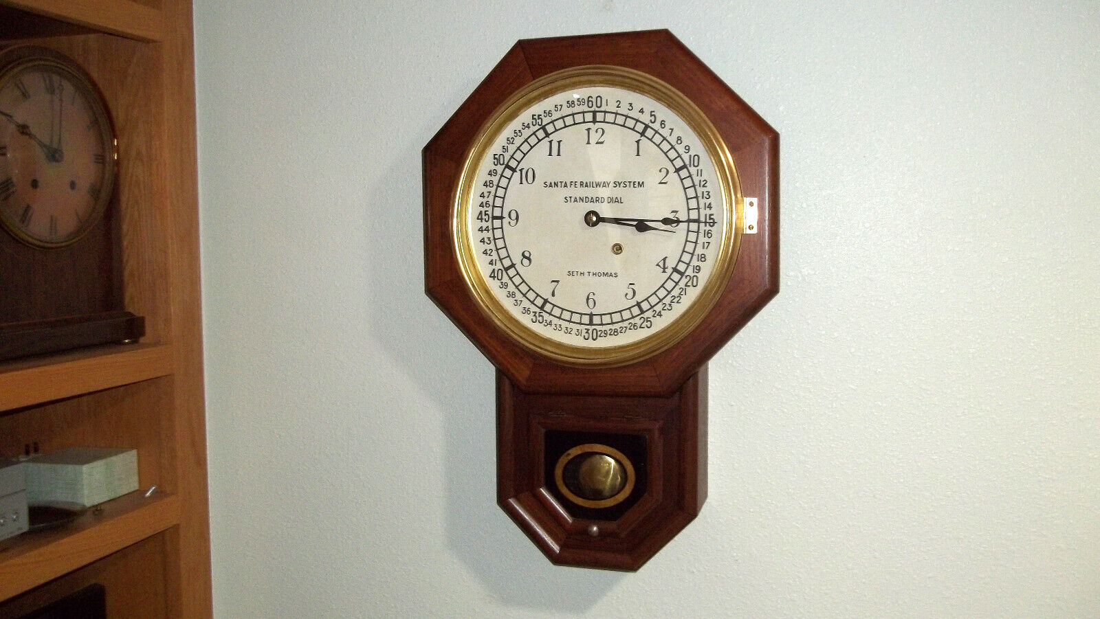 FULLY RESTORED SETH THOMAS TIME ONLY 12 INCH DROP OCTAGON WITH RAILROAD DIAL