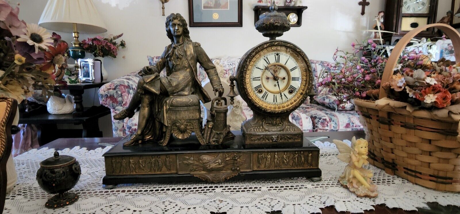 Antique 1881 Ansonia Denis Papin figural statue mantel shelf clock 19x17" CK