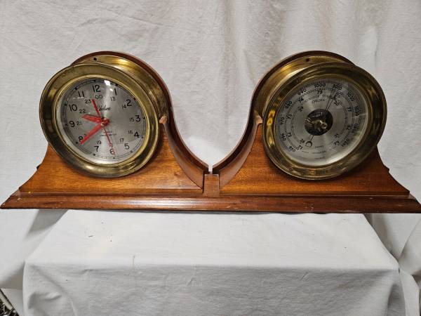 Vintage Chelsea Quartz Chronometer Clock and Barometer with wood cradle