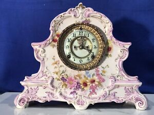 1882 ANTIQUE ANSONIA KEY WOUND,PORCELAIN CLOCK ,WITH 1755 BONN GERMANY CASE