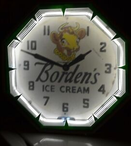 Antique Borden's Neon Clock Art Deco Octagonal 1930's? Working Order