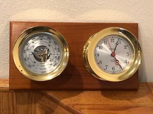 Vintage Chelsea Ships Clock Ship Strike Bell Quartz w/Barometer on Wooden Base