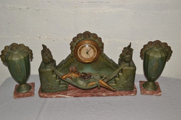Antique G. LIMOUSIN Paris France FRENCH GARNITURE CLOCK SET Egyptian Monkey