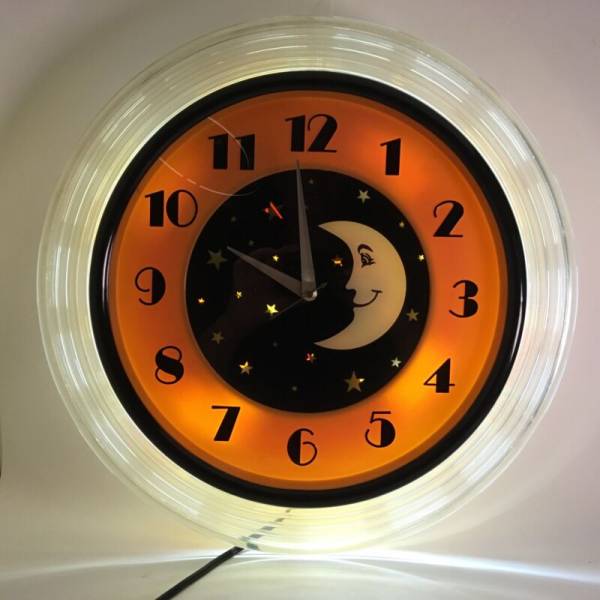 rare 1960 MOON DINER CLOCK fluorescent LIGHTED MOVING kaleidoscope 17" see VIDEO