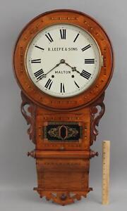 19thC Antique Victorian Marquetry Inlay New Haven Wall Clock Leefe & Sons Face