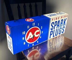 Vintage AC Delco Fire Ring Spark Plugs Lighted Clock Double Sided Sign 1964