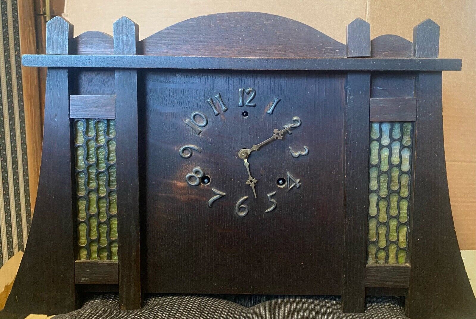 GILBERT EL CANO Clock Arts & Crafts Mission Style with Slag Green Glass WORKING