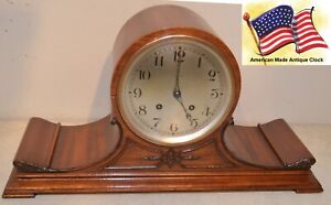 WALTHAM RESTORED ANTIQUE TAMBOUR 2-1920 FINE CABINET CLOCK IN GRAINED MAHOGANY