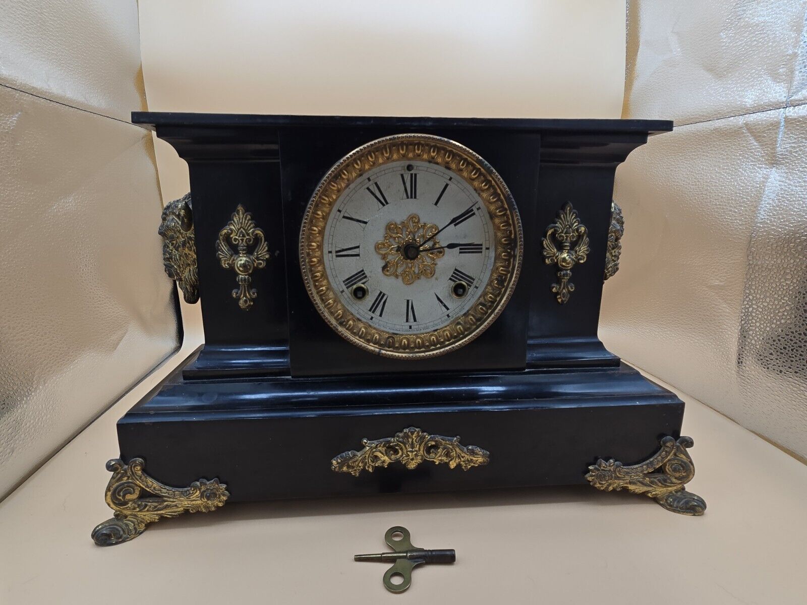 Antique Ansonia Ornate Buffalo Head Iron Case Mantel Clock c1900 (Running) Rare