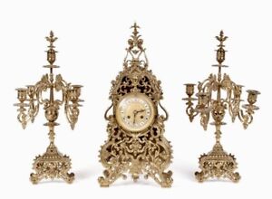 Antique Parrot Freres French Gilt Bronze Cathedral Style Clock & Two Candelabras