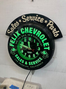 Felix Chevrolet  22" Curtis Neon Clock. W/Green neon & Marquee