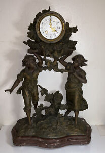L & F Moreau Spelter Marble French  Figuaral Art Nouveau Chiming Mantle Clock