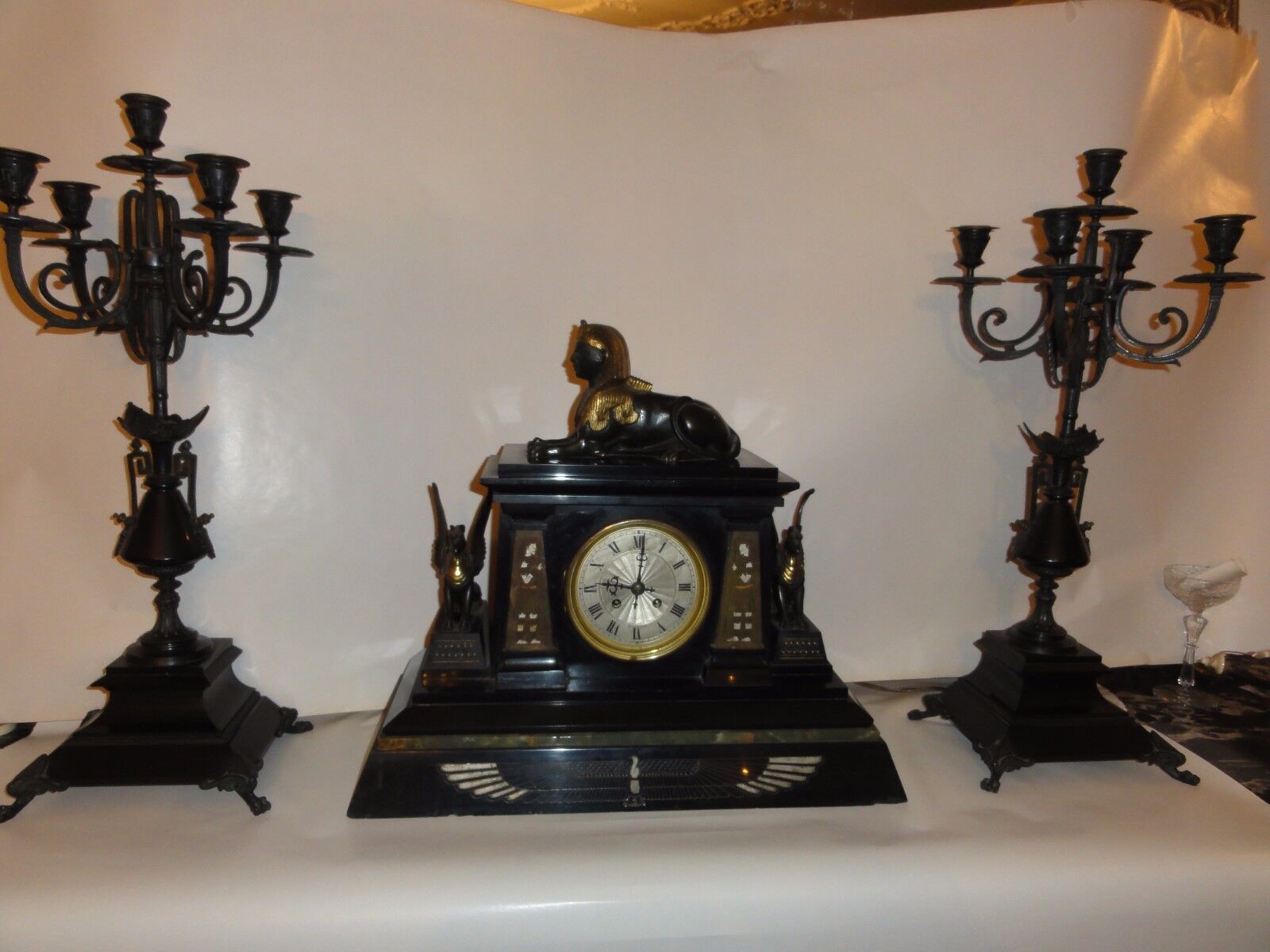 French Empire Egyptian Revival Orientalist Partial gilt Bronze Marble Clock St