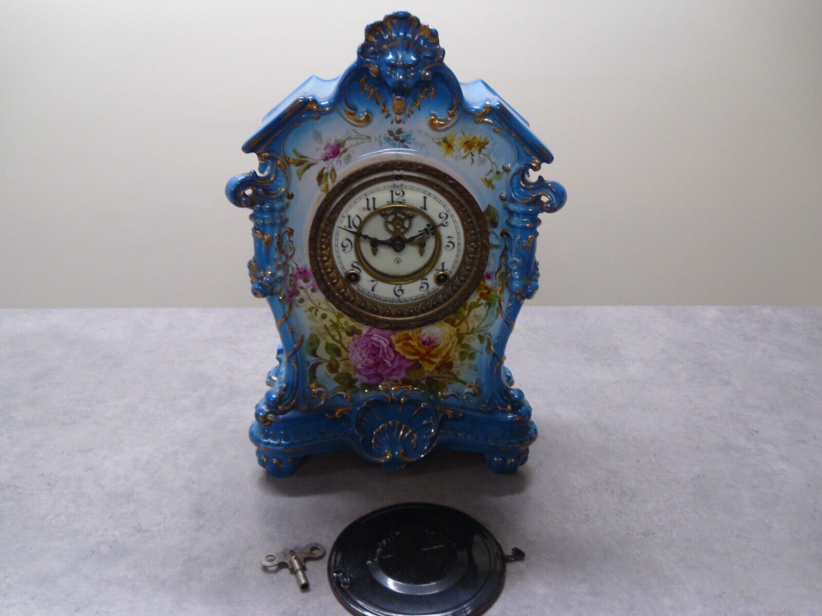 Vintage Antique Royal Bonn clock Mantel Ansonia Blue Gold Rose 1755 READ AD