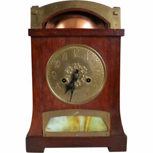 1910 Antique English Liberty & H.A.C. Arts & Crafts Oak, Brass, Opal Glass Clock
