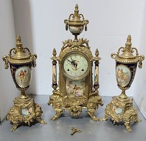 Vintage Lancini  Italian  Brass Gilted  Mantel  Clock FHS Hermle  & Garnitures