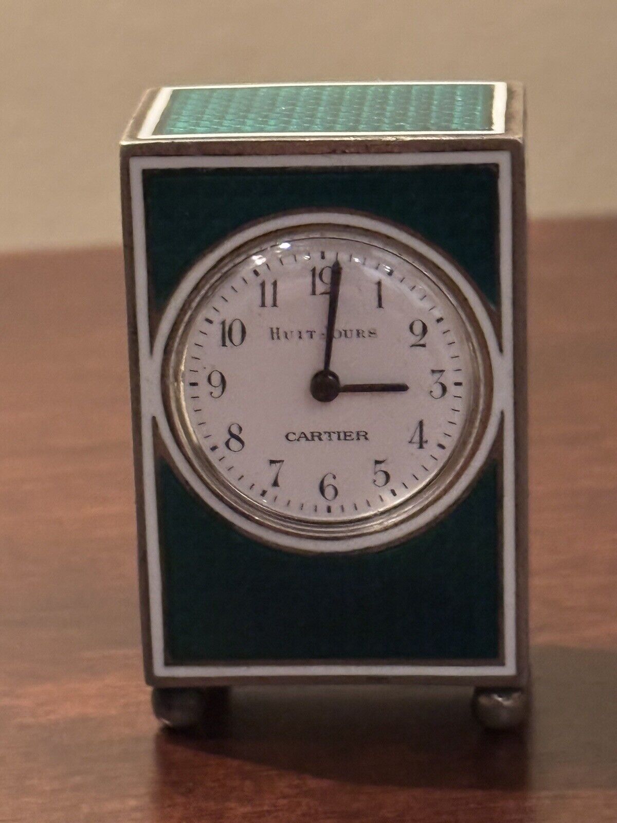 Cartier Dial, Solid Silver Guilloche Enamel Miniature Carriage Clock