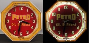 Antique PETRO Oil Burners Octagon Art Deco Advertisitng Neon Clock Sign RARE
