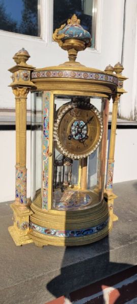 French Gilt Bronze Champleve Regulator clock cloisonne ormolu Columns enamel